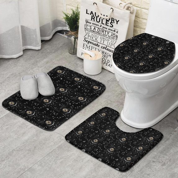 Black Gothic Sun Moon Star Pattern Bathroom Rugs Sets 3 Piece,Toilet Cover Set,Absorbent Non Slip Bathroom Mats Sets with U-Shaped Contour Rug Toilet Rug Set