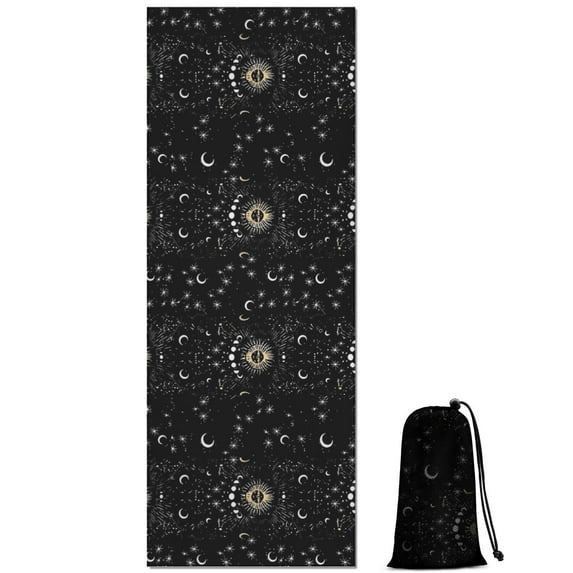 Black Gothic Sun Moon Star Pattern Hot Yoga Mat Towel Non Slip for Hot Yoga - Quick-Drying Yoga Mat Cover with 4 Corner Pockets with Travel Bag - Hot Yoga Towel Non Slip 70"x26"