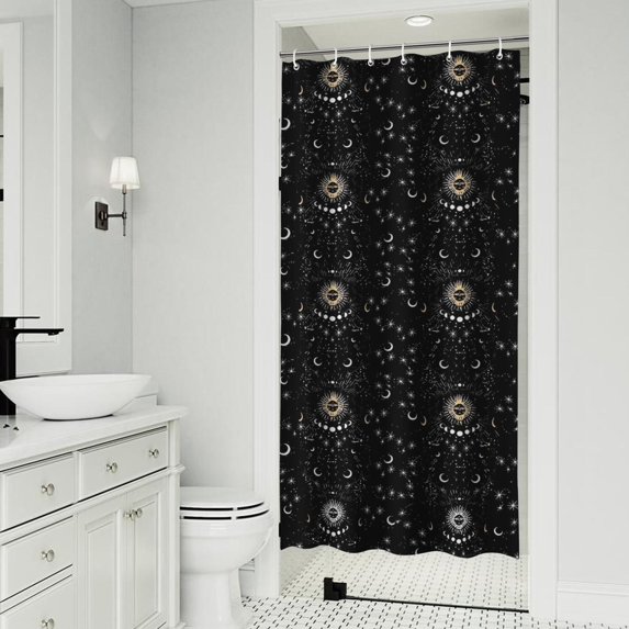 Black Gothic Sun Moon Star Pattern Shower Curtain 36"x72" ,Bathroom Decorative Shower Curtains Set with 12 Hooks,Modern Waterproof Washable Shower Curtain