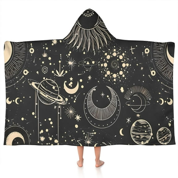 Black Gothic Sun Planet Pattern Hooded Bath Towel，50"x30" for Ages 3 To 12 Kids, Quick Dry Lightweight Soft Microfiber Hood Beach Towel Cover Up for Kids