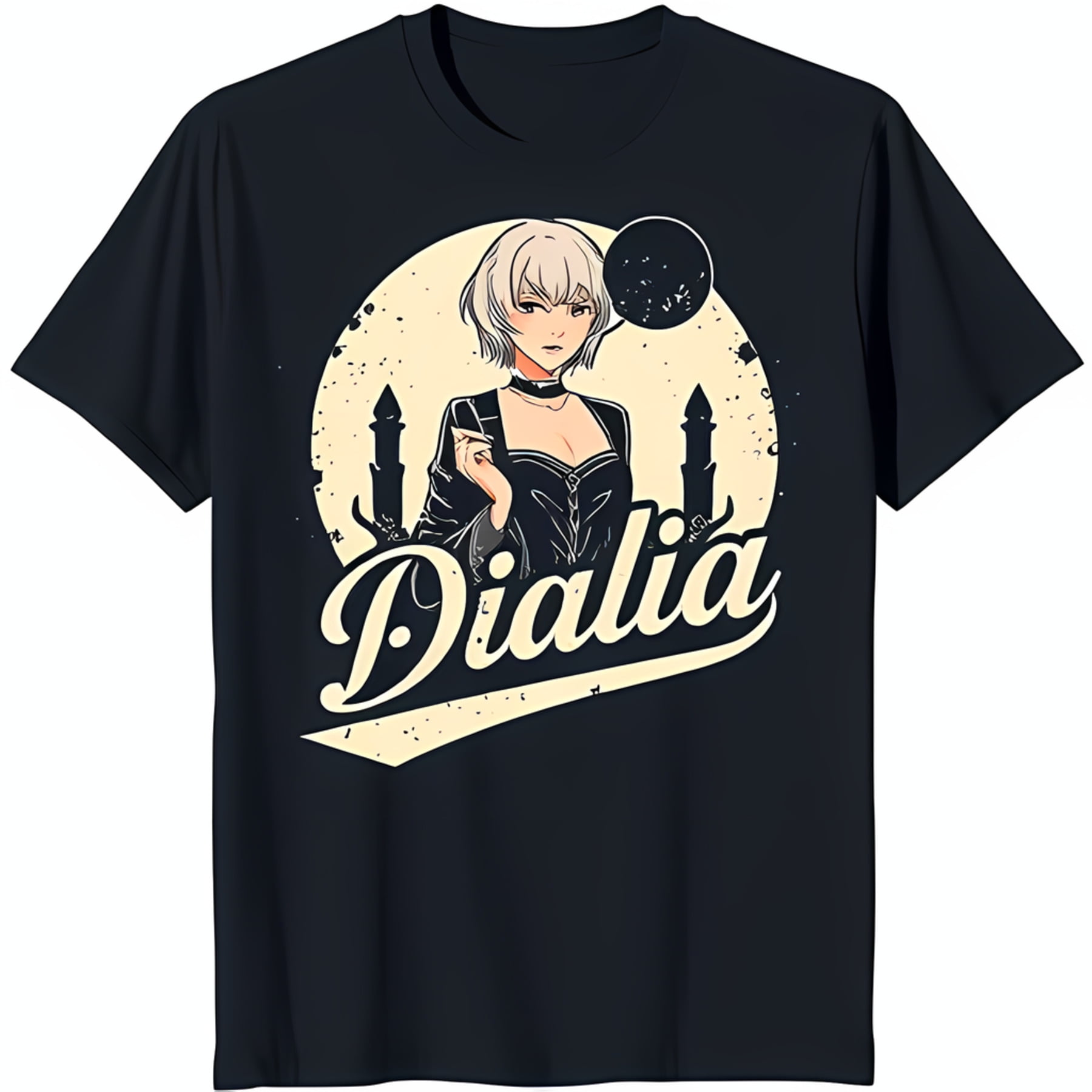 Black Gothic TShirt with White Haired Woman Moon & Vintage 'Diali