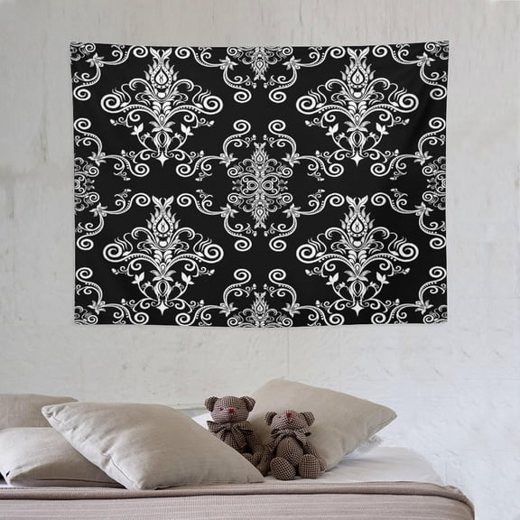 Black Gothic Tapestry Wall Hanging Damask Floral Vintage Antique Baroque Classic Pattern Retro Tapestries Home Decor for Living Room Bedroom Farmhouse Apartment Dorm 30"x40"