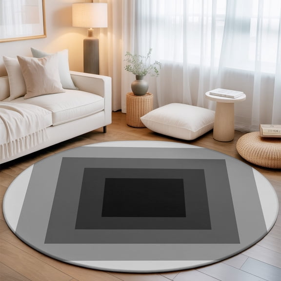 Black Gradient Squares 3.3' Round Rug for Bedroom Reading Corner, Softness Layers Zen Geometric Washable Non Slip Circle Area Rug