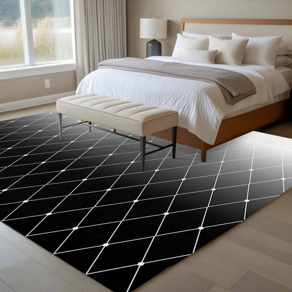 Black Gradient Texture 6x9 Rug for Dining Room Table and Chair Setup, Rhombus Geometric Lines Pattern Low Pile Washable Non Slip Rectangle Area Rug