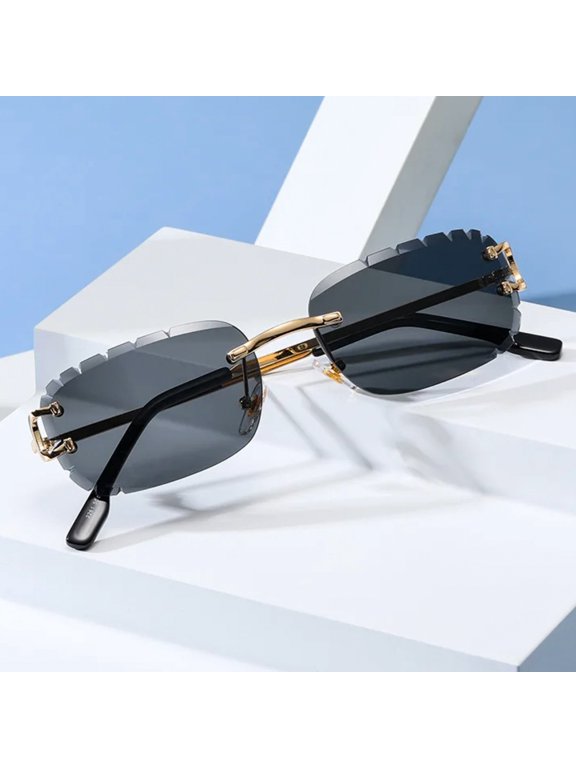 Black Gradient Tint Lens Rimless Hand Carved Diamond Cut Gold Wire Metal Frame Gem Cut Lens Sunglasses Frameless Square Men's Women's Hip Hop Sun Glasses Shades