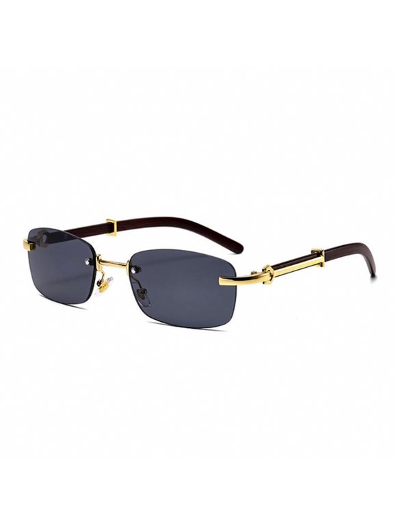 Black Gradient Tint Vintage Woodgrain Rimless Men Women Gold Frame Rectangle Sun Glasses Vintage Woodgrain Square Stylish Designer Wood Arm Shades 90s Retro Unisex Hip Hop Frameless Sunglasses