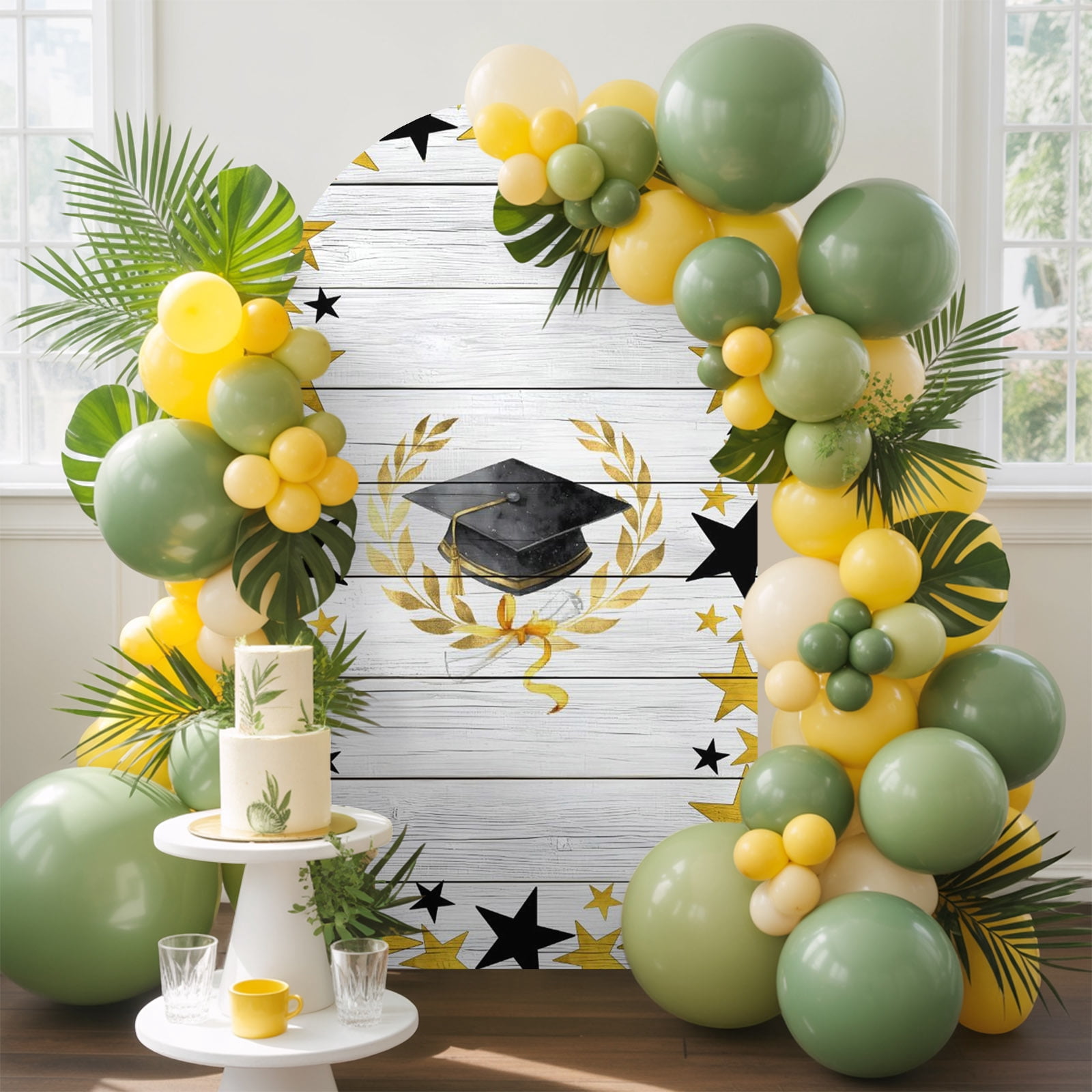 Black Graduation Cap Arch Backdrop Cover 6.6 FT, Modern Gold Star ...