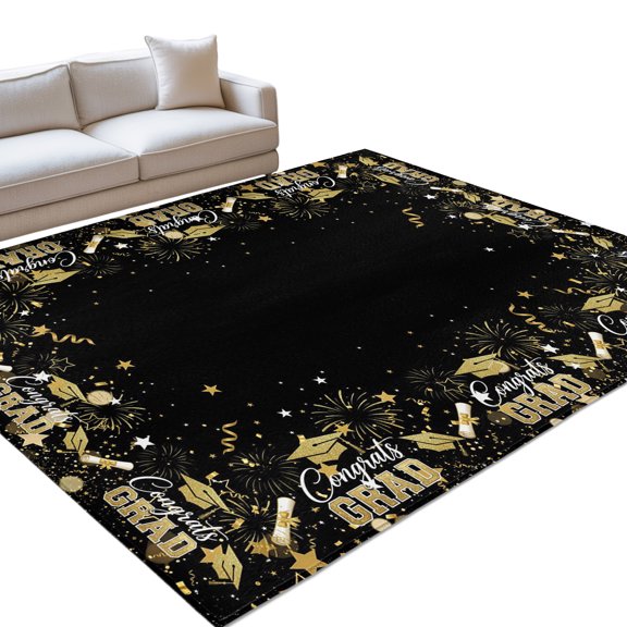Black Graduation Cap Area Rugs 6x9ft Gold Stars Academic Diploma Interactive Floor Rug&nbsp;Non Slip Low Pile Ultra Soft Throw Carpet for Entryway Indoor Entrance Kitchen Bathroom