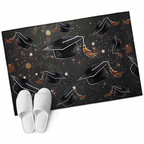 Black Graduation Cap Bathroom Rug Washable 2x3 Entryway Rug Non Slip Modern Art Star Congratulations Front Door Mat Low Pile Indoor Doormat Throw Floor Carpet for Kitchen Bedroom Entrance