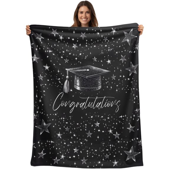 Black Graduation Cap Blanket Soft Cozy Warm Twin Blanket for Bed, Plush Fuzzy Flannel Blankets for Sofa, Modern Sparkle Star Congratulations Throw Blankets for Couch, Gifts for Women, 60"x80"