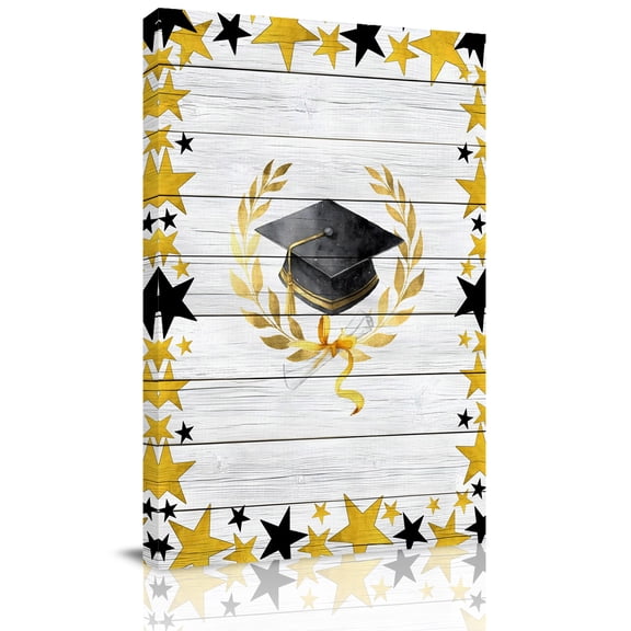 Black Graduation Cap Canvas Wall Art for Living Room, Modern Gold Star Border Wood Striped Poster Print Painting for Bedroom Office Home Decoration Wall Pictures Prepare To Hang 8"x10"