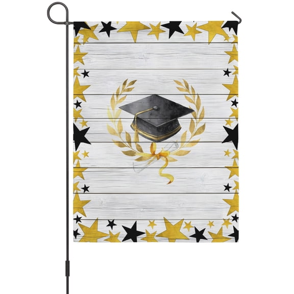 Black Graduation Cap Garden Flags For Outdoor, Modern Gold Star Border Wood Striped Small Double Side Yard Flags Weather Proof Garden Decor for Lawn Outside Holiday 12 x 18 Inches
