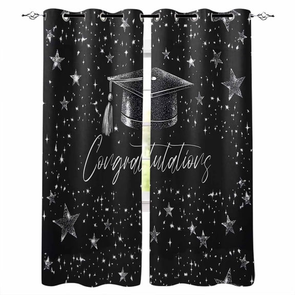 Black Graduation Cap Kitchen Curtains Modern Sparkle Star Congratulations Cafe Short Curtains for Bathroom Blackout Window Curtain Small Window Tier Drapes for Bedroom Living Room 27.5"x39"x2