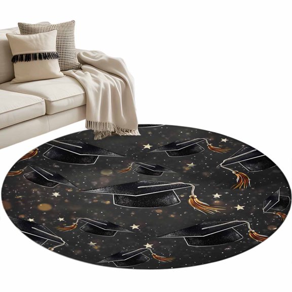 Black Graduation Cap Round Rug 4ft Washable Circle Entryway Rugs Non Slip Modern Art Star Congratulations Area Rug Indoor Floor Carpet for Bedroom Kitchen Living Room Home Office Dining Room Nursery