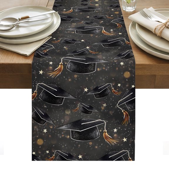 Black Graduation Cap Table Runner Modern Art Star Congratulations Tablerunners 13 x 70 Inch, Table Decorations Tabletop Scarf for Summer Gathering Holiday Farmhouse Kitchen Dining Decor