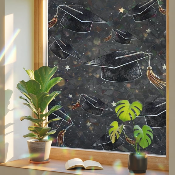 Black Graduation Cap Window Privacy Film Rainbow Static Cling Stain Glass Window Film for Glass Door, Decorative UV Blocking Sunroof Decal Sticker for Car 29.5"x78.7" Modern Art Star Congratulations