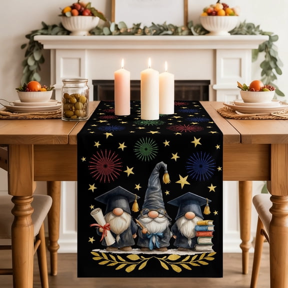 Black Graduation Gnomes Table Runner 16x72 Inch Yellow Star Firework Academic Cotton Linen Dining Table Runner Ideal for Dresser Kitchen Coffee Tables - Machine Washable