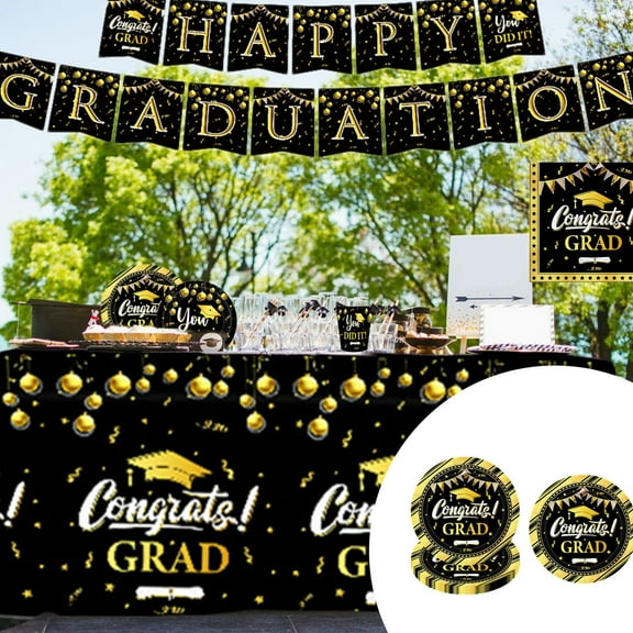 Black Graduation Party Paper Plates Set, Disposable Dinnerware for Graduation Celebration, Party Supplies for High School & College Grad, Tableware Kit for Graduation Decorations