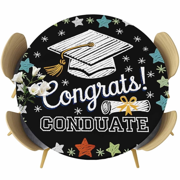 Black Graduation Round Tablecloth, Fitted Table Cover with Elastic for 36"-44" Round Tables, Colorful Star Table Cloth Outdoor Indoor Dinning Party Waterproof Tablecloths