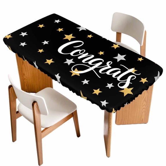 Black Graduation Table Cloths for 5 Foot Rectangle Tables, Stars Modern Art Patio Waterproof Elastic Fitted Tablecloths, Washable Rectangular Table Cover for Camping
