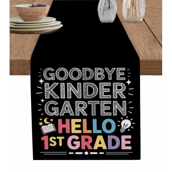 Black Graduation Table Runner 90 Inches, Funny Words Kindergarten Bed Runner Dresser Scarves Tabletop for Indoor Outdoor Parties/Ceremony/Banquet, 13" x 90"