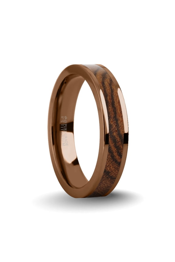 Black Grain Bocote Wood Inlay Brown Titanium Wedding Ring, 4mm, Size 10