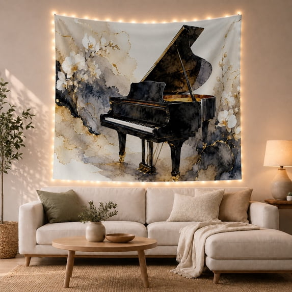 Black Grand Piano Among White Orchids, Serene Watercolor for Music Lovers, Floral Instrument Art, Housewarming Gift, Tapestry Wall Hanging for Living Room and Bedroom