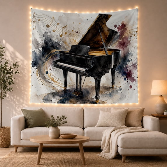 Black Grand Piano Beneath Golden Musical Notes, Dramatic Watercolor for Music Lovers, Instrument Art, Housewarming Gift, Tapestry Wall Hanging for Studio and Living Room