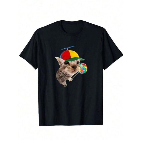 Black Graphic Cotton T-Shirt With Silly Cat Wearing Propeller Hat And Lollipop Meme Print Unisex Crew Neck Short Sleeve