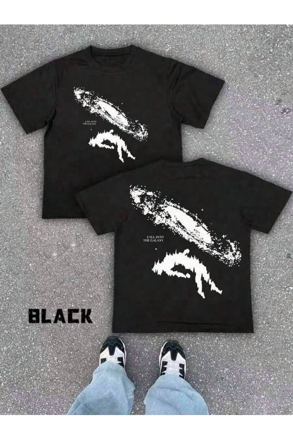 Black Graphic Cotton Tee, Double-Sided Splatter Ink Print, Crew Neck Short Sleeve, Oversized Unisex T-Shirt