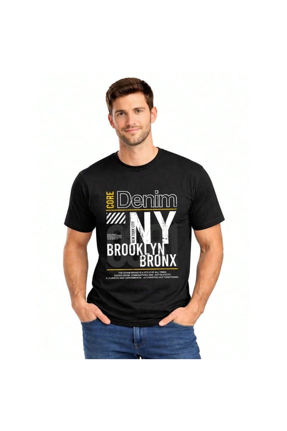 Black Graphic Short Sleeve T-Shirt For Men Loose Fit Crewneck With NY Denim Core Print