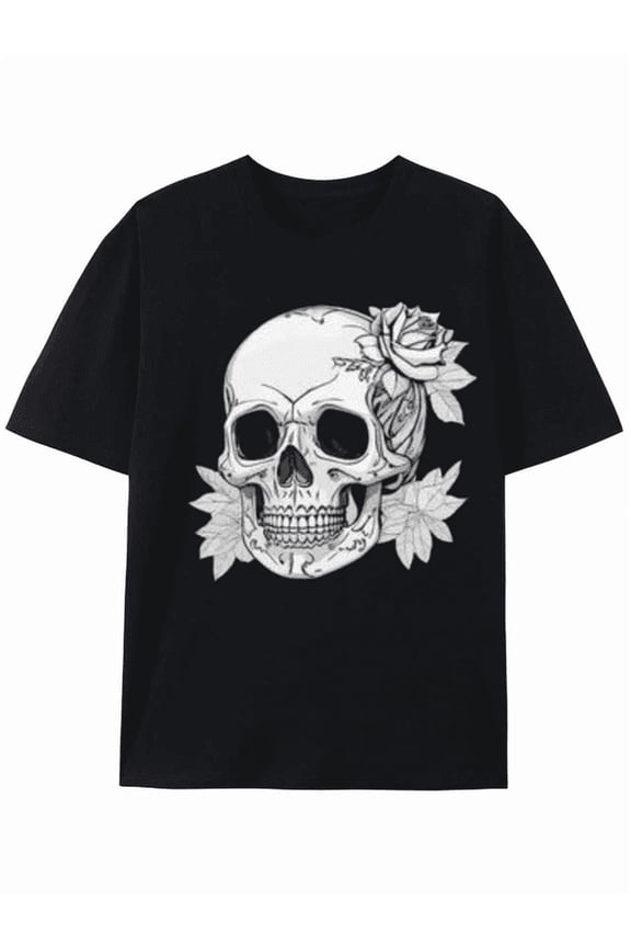 Black Graphic Skull with Roses T-shirt