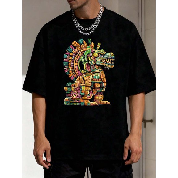 Black Graphic T-Shirt Featuring Colorful Mayan Feathered Serpent Totem Design
