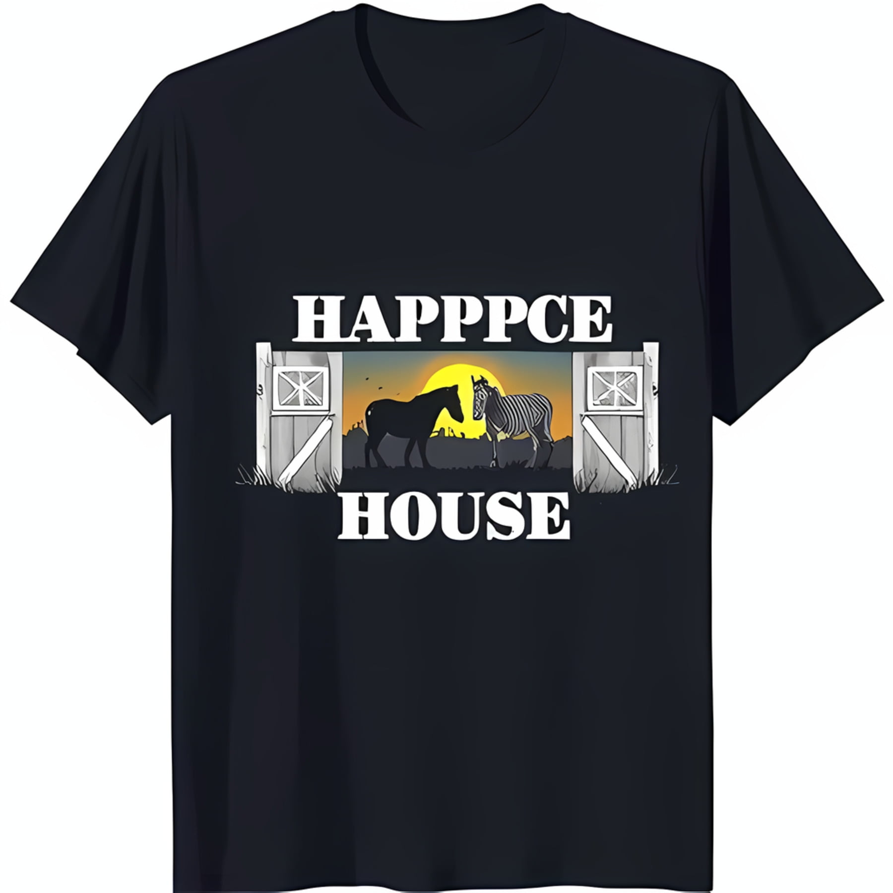 Black Graphic TShirt Featuring Horse & Zebra in Field with 'Happpce