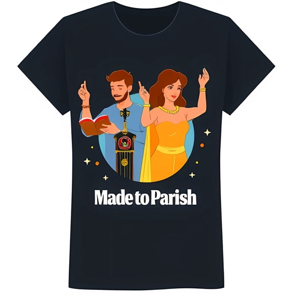 Black Graphic T-Shirt Featuring Man Woman and Golden Clock 'Made to Parish' Design