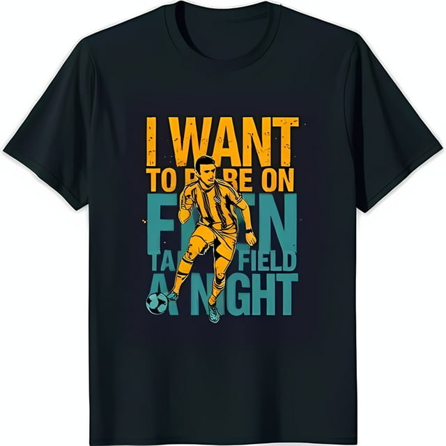 Black Graphic TShirt Featuring Soccer Player in Yellow Jersey 'I WANT