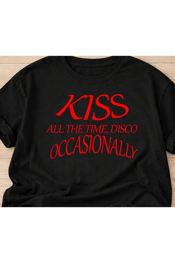Black Graphic T-Shirt With Kiss All The Time, Disco Occasionally Red Print