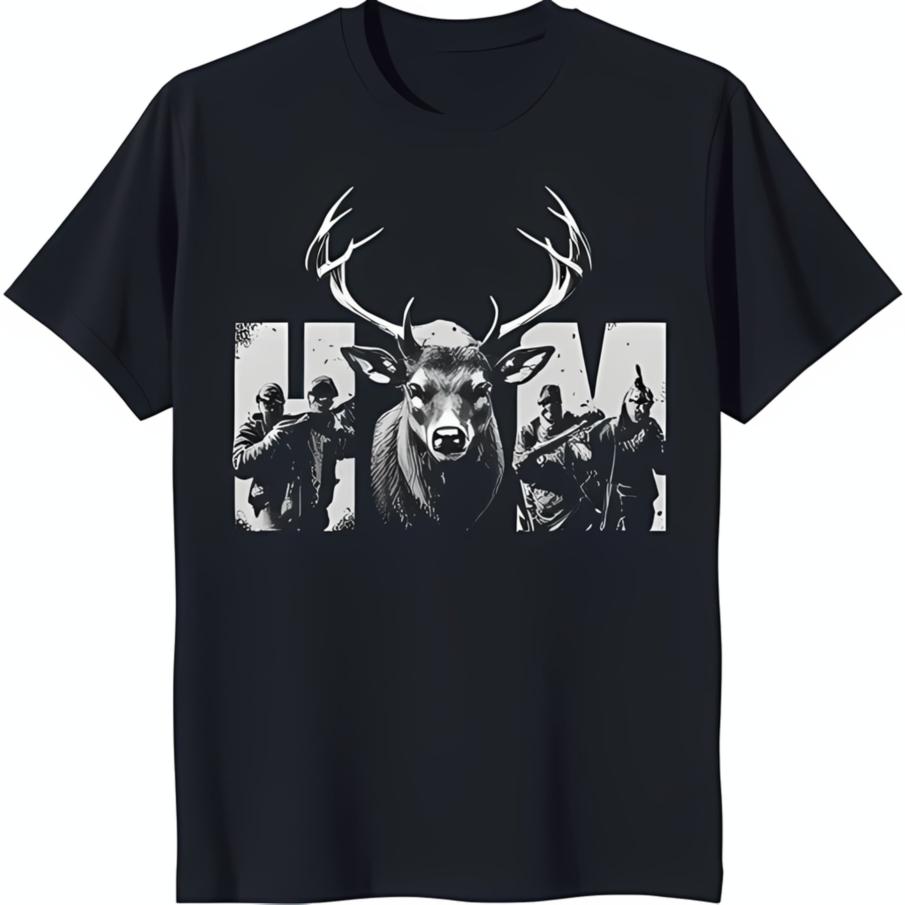 Black Graphic TShirt featuring Majestic Deer with Antlers & Three