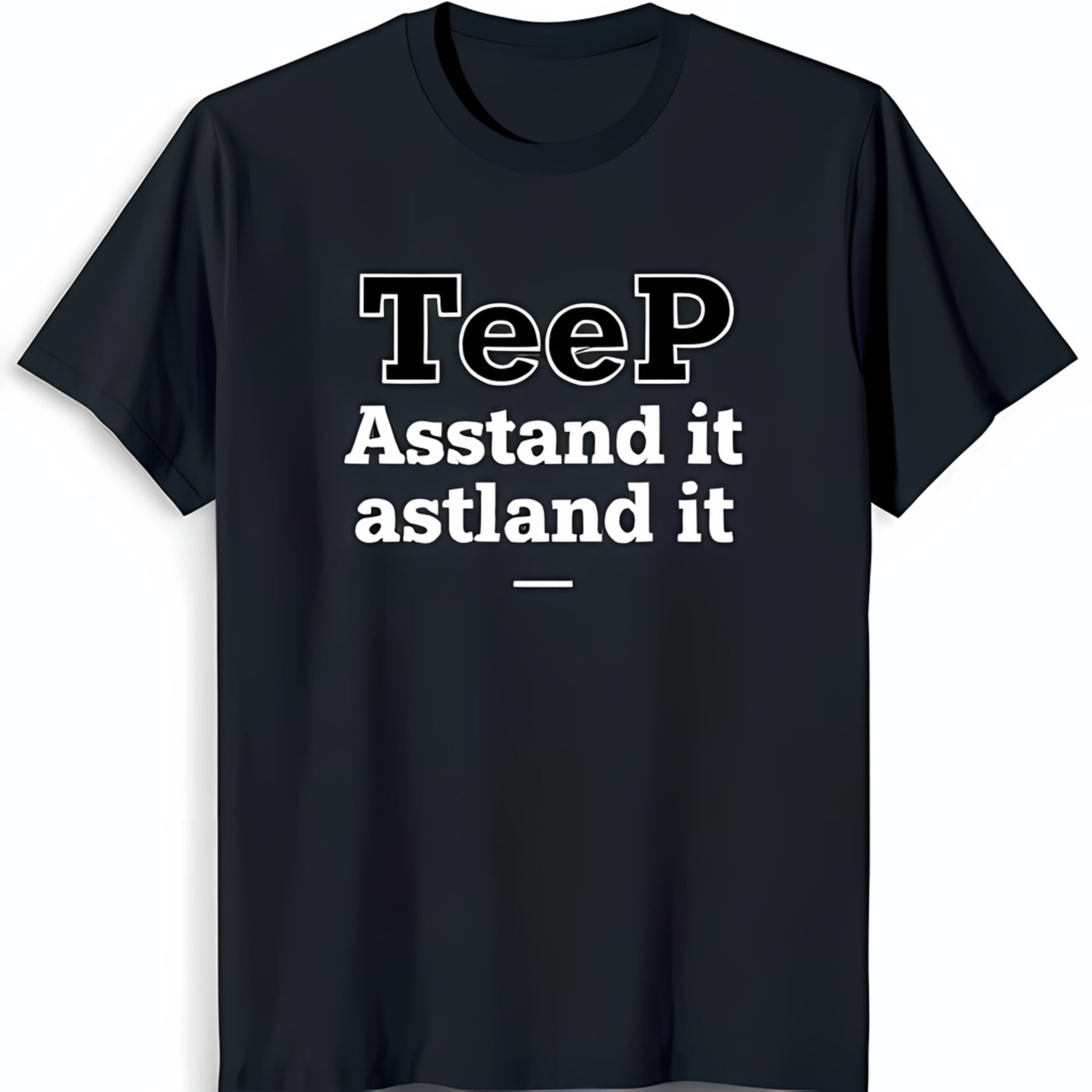 Black Graphic TShirt with Bold 'TeeP' Design & 'Assstand it astland it