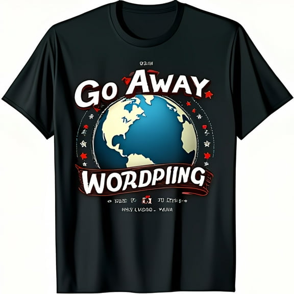 Black Graphic T-Shirt with Go Away Wordpiling Design & Cartoon Earth