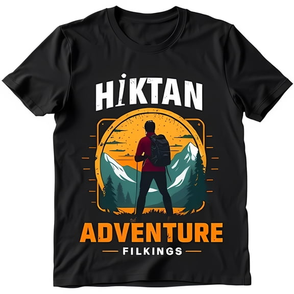 Black Graphic T-Shirt with Hiker Mountain Sunset & Adventure Design