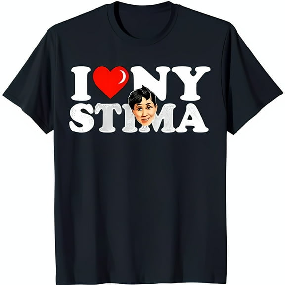 Black Graphic T-Shirt with 'I Love NY STIMA' Design & Cartoon Image
