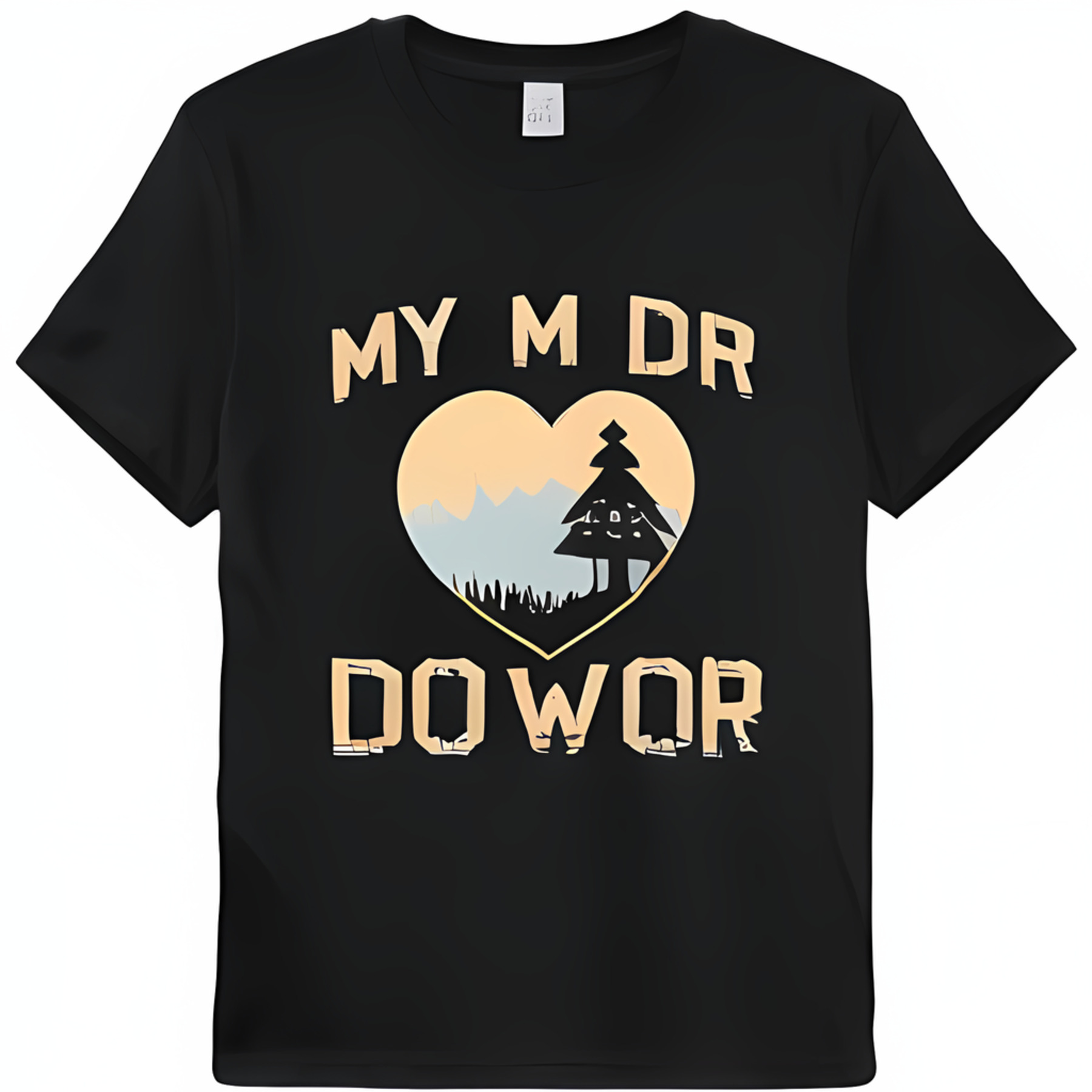 Black Graphic TShirt with My M Dr Gold Text & Heart Design Pine Tree