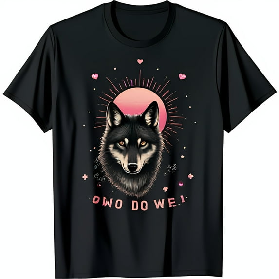 Black Graphic T-Shirt with Yellow Eyes & Pink Sun Cute Floral Design