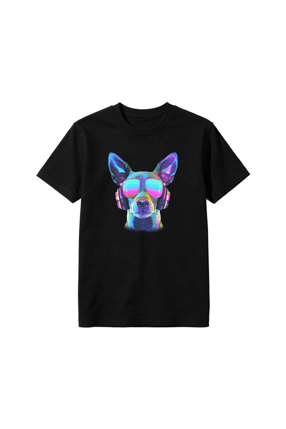 Black Graphic Tee Men Women Cyberpunk Dog with Neon Headphones Design Breathable Cotton T-Shirt Retro Future Aesthetic Street Style Top for Concerts