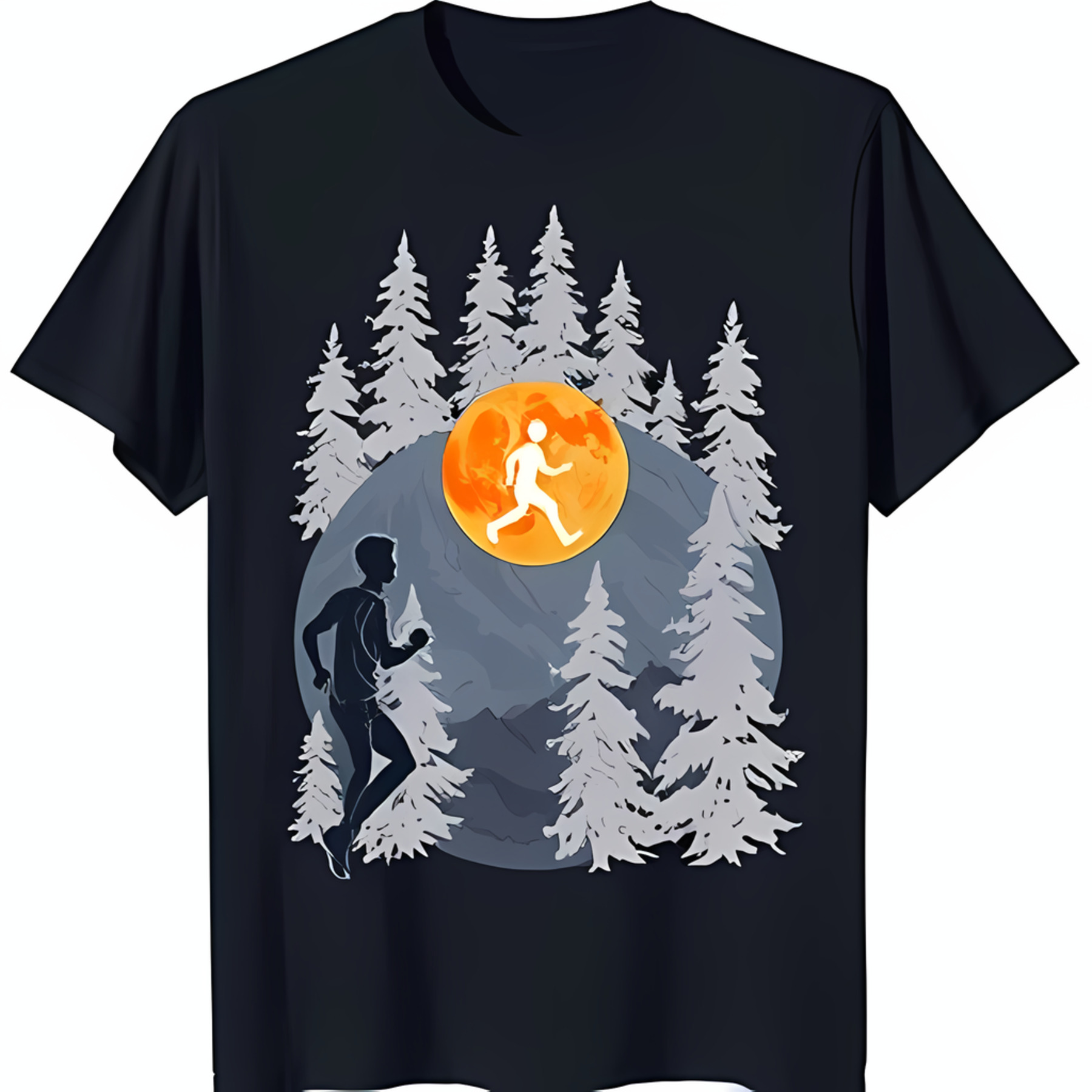 Black Graphic Tee with Runner and Moon Over Forest