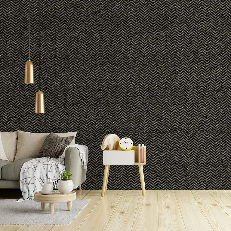 Black Grasscloth Peel and Stick Wallpaper 17.7x100 Faux Linen