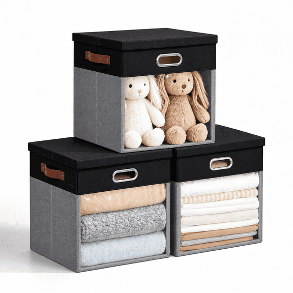 Black&Gray 11"L x 11"W x 11"H Ultra Thick Fabric Storage Chest with Lids and Windows