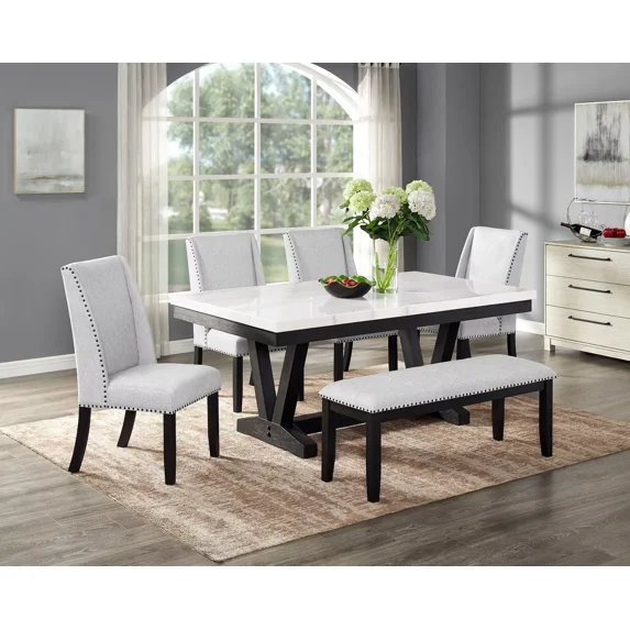 Black Gray 6Pc Dining Set White Genuine Marble Table Upholstered Wing Back Chair Bench Furniture