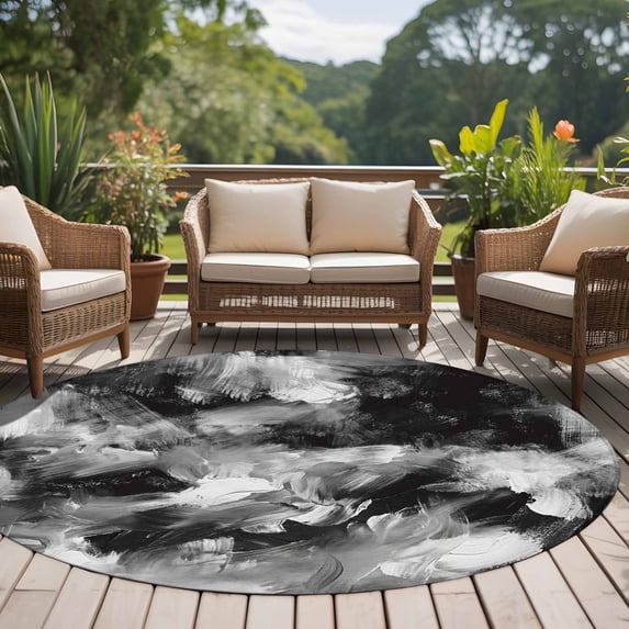 Black Gray 8ft Round Rug for Open Concept Living Room Seating Zone ...